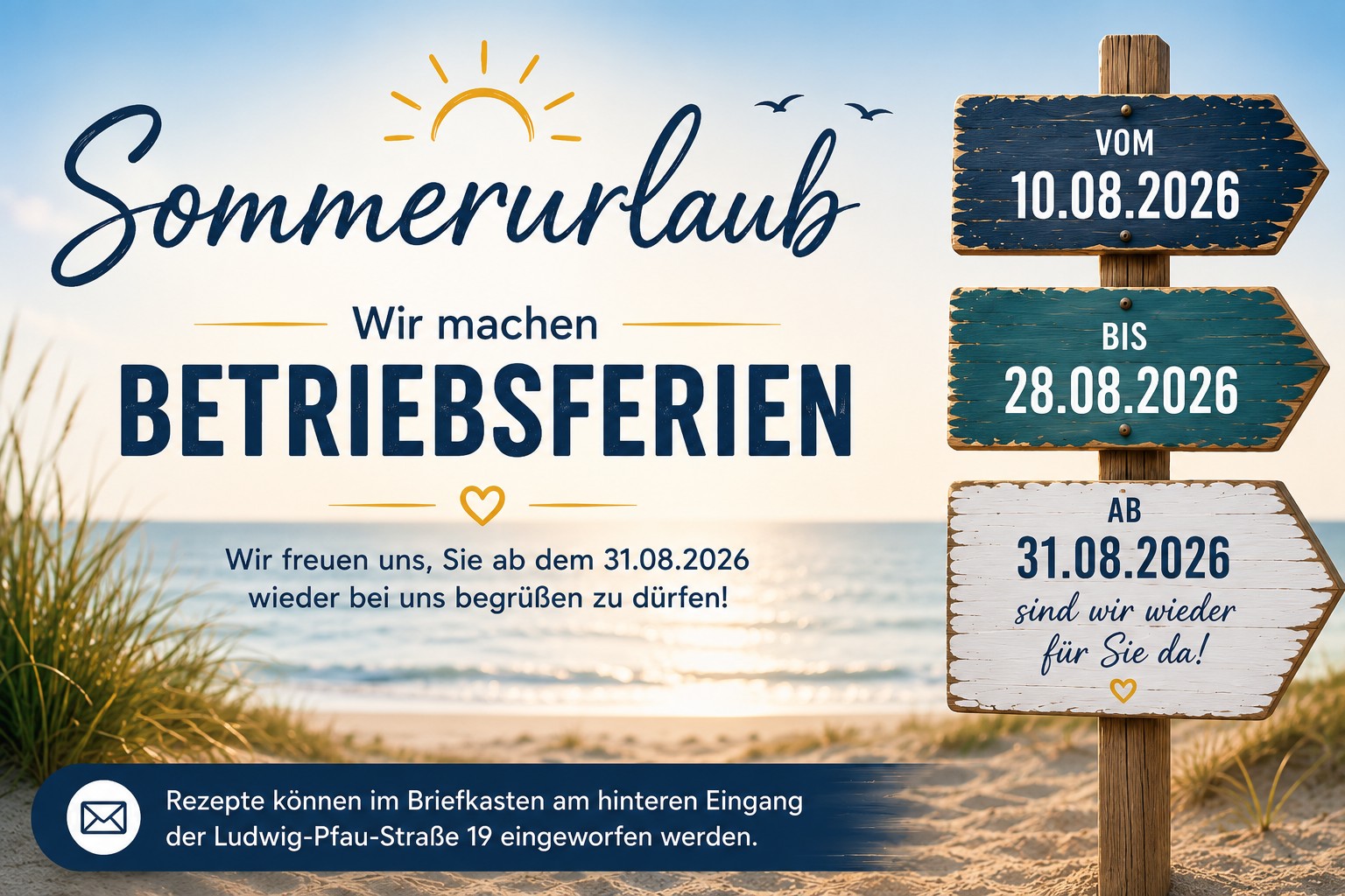 Sommerurlaub und Betriebsferien vom 10. bis 28. August 2026